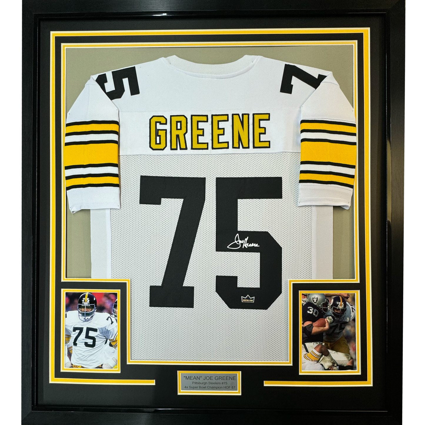 Framed Facsimile Autographed Mean Joe Greene 35x39 Pittsburgh White Reprint Laser Auto Football Jersey