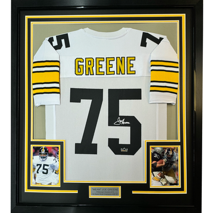 Framed Facsimile Autographed Mean Joe Greene 35x39 Pittsburgh White Reprint Laser Auto Football Jersey