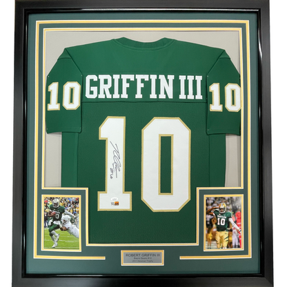 Framed Autographed/Signed Robert Griffin III RG3 35x39 Baylor Green College Football Jersey JSA COA