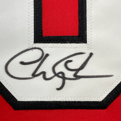 Framed Autographed/Signed Chevy Chase Clark Griswold 35x39 Christmas Vacation Movie Chicago Red Hockey Jersey Beckett BAS COA