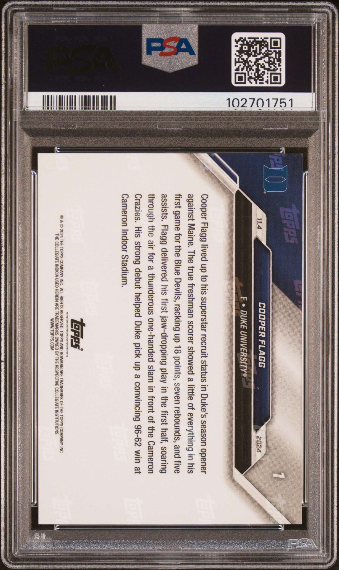 Graded 2024 Topps Bowman U Now Cooper Flagg #1 Superstar Recruit Makes Debut With Duke Rookie RC Basketball Card PSA 9 Mint