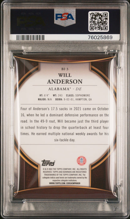 Graded 2022 Topps Bowman University Will Anderson #BI3 Bowman Invicta Rookie RC Football Card PSA 10 Gem Mint