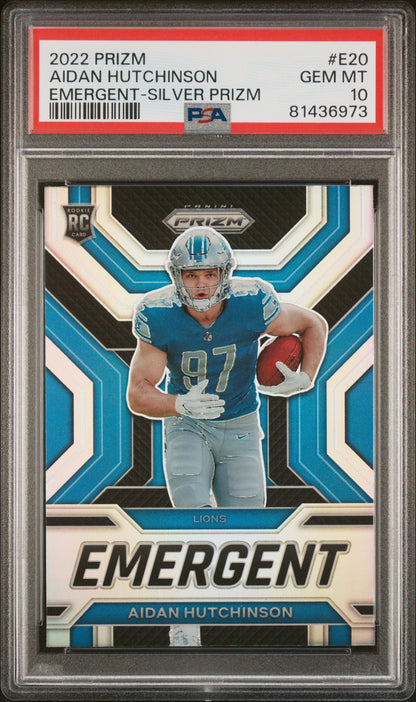 Graded 2022 Panini Prizm Aidan Hutchinson #E20 Emergent Silver Prizm Rookie RC Football Card PSA 10