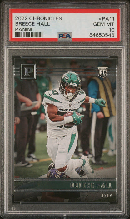 Graded 2022 Panini Chronicles Breece Hall #PA11 Panini Rookie RC Football Card PSA 10 Gem Mint