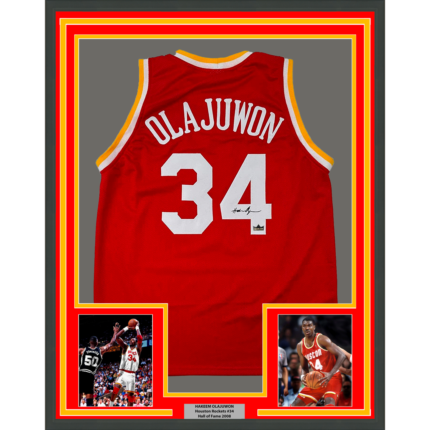 Framed Facsimile Autographed Hakeem Olajuwon 35x39 Houston Red Reprint Laser Auto Basketball Jersey