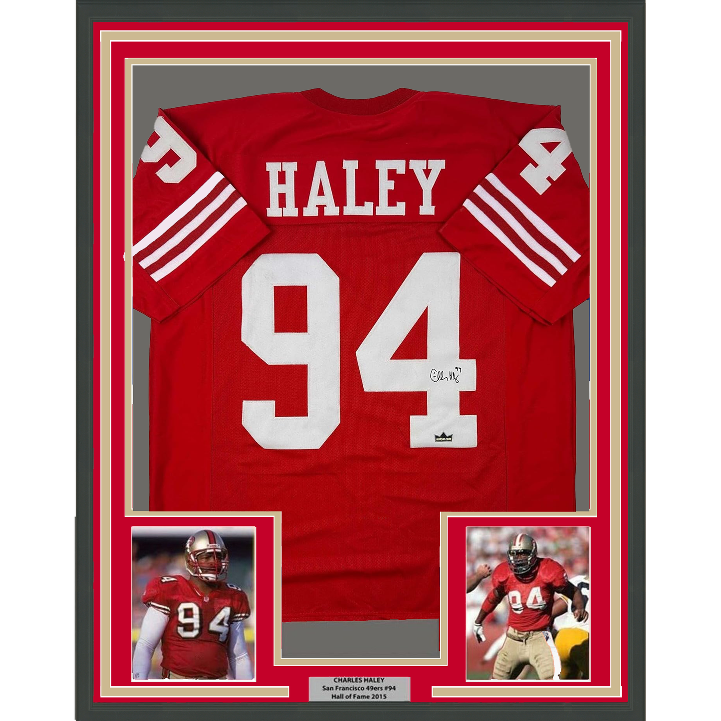 Framed Facsimile Autographed Charles Haley 35x39 San Francisco Red Reprint Laser Auto Football Jersey