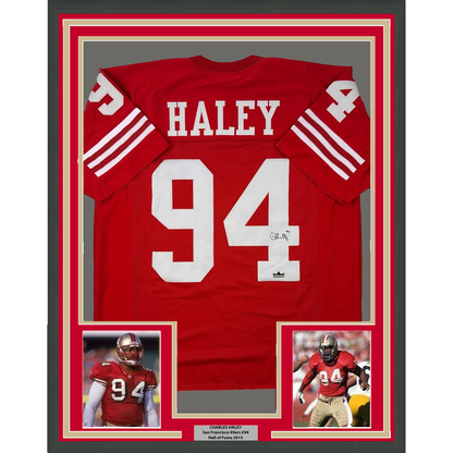 Framed Facsimile Autographed Charles Haley 35x39 San Francisco Red Reprint Laser Auto Football Jersey