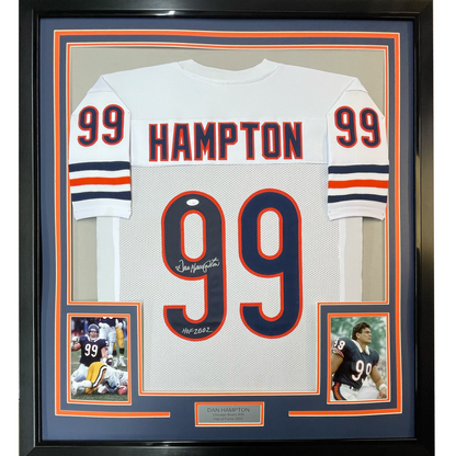 Framed Autographed/Signed Dan Hampton 35x39 HOF 2002 Chicago White Football Jersey JSA COA