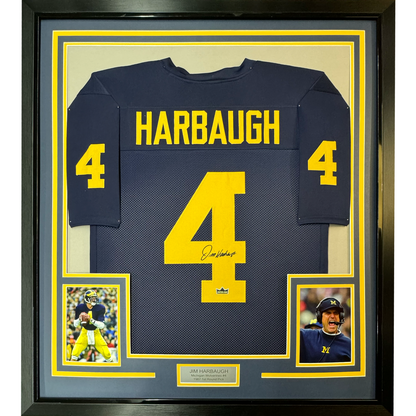 Framed Facsimile Autographed Jim Harbaugh 35x39 Michigan Blue Reprint Laser Auto College Football Jersey