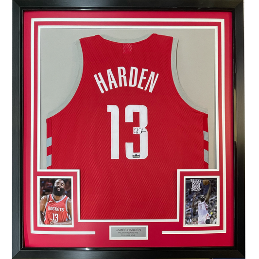 Framed Facsimile Autographed James Harden 35x39 Houston Red Reprint Laser Auto Basketball Jersey