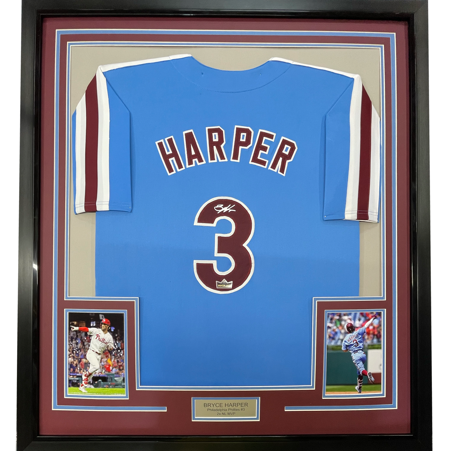 Framed Facsimile Autographed Bryce Harper 35x39 Philadelphia Blue Retro Reprint Laser Auto Baseball Jersey