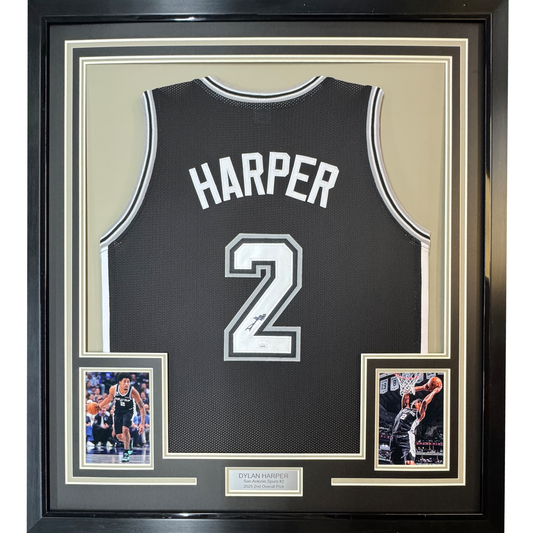 Framed Autographed/Signed Dylan Harper 35x39 San Antonio Black Basketball Jersey JSA COA