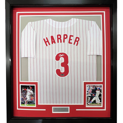 Framed Facsimile Autographed Bryce Harper 35x39 Philadelphia Pinstripe Reprint Laser Auto Baseball Jersey