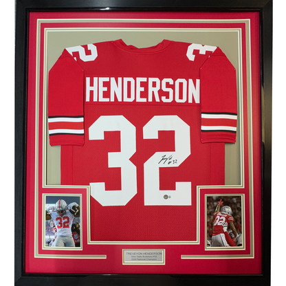 Framed Autographed/Signed TreVeyon Henderson 35x39 Ohio State Red College Football Jersey Beckett BAS COA
