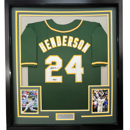 Framed Facsimile Autographed Rickey Henderson 35x39 Oakland Green Reprint Laser Auto Baseball Jersey