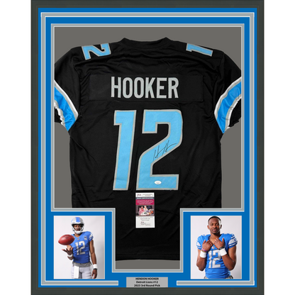 Framed Autographed/Signed Hendon Hooker 35x39 Detroit Black Football Jersey JSA COA