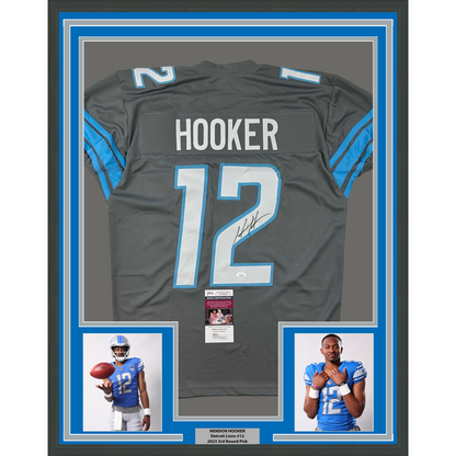Framed Autographed/Signed Hendon Hooker 35x39 Detroit Grey Football Jersey JSA COA