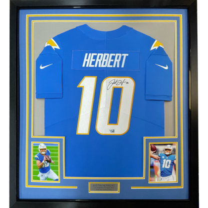 Framed Autographed/Signed Justin Herbert 35x39 Los Angles LA Chargers Powder Blue Authentic Elite Football Jersey Fanatics COA