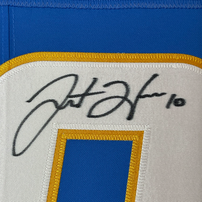 Framed Autographed/Signed Justin Herbert 35x39 Los Angles LA Chargers Powder Blue Authentic Elite Football Jersey Fanatics COA