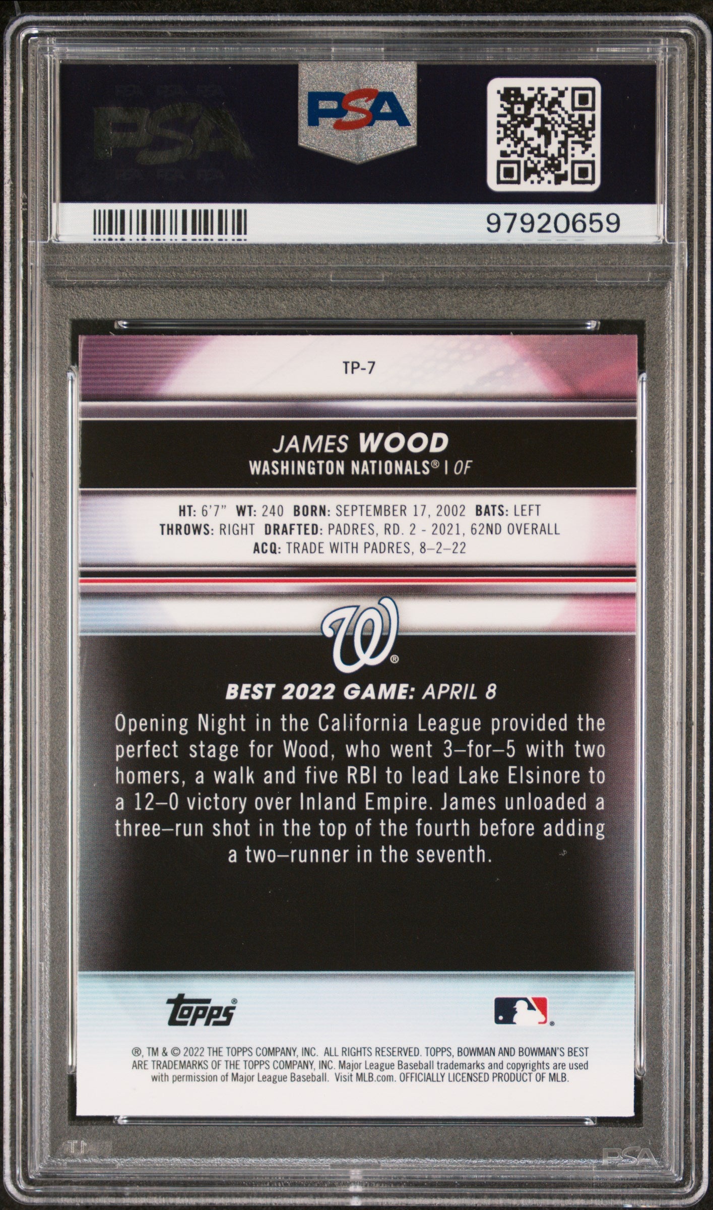 Graded 2022 Topps Bowmans Best James Wood #TP7 Top Prospects Atomic Refractor Rookie RC Baseball Card PSA 10 Gem Mint