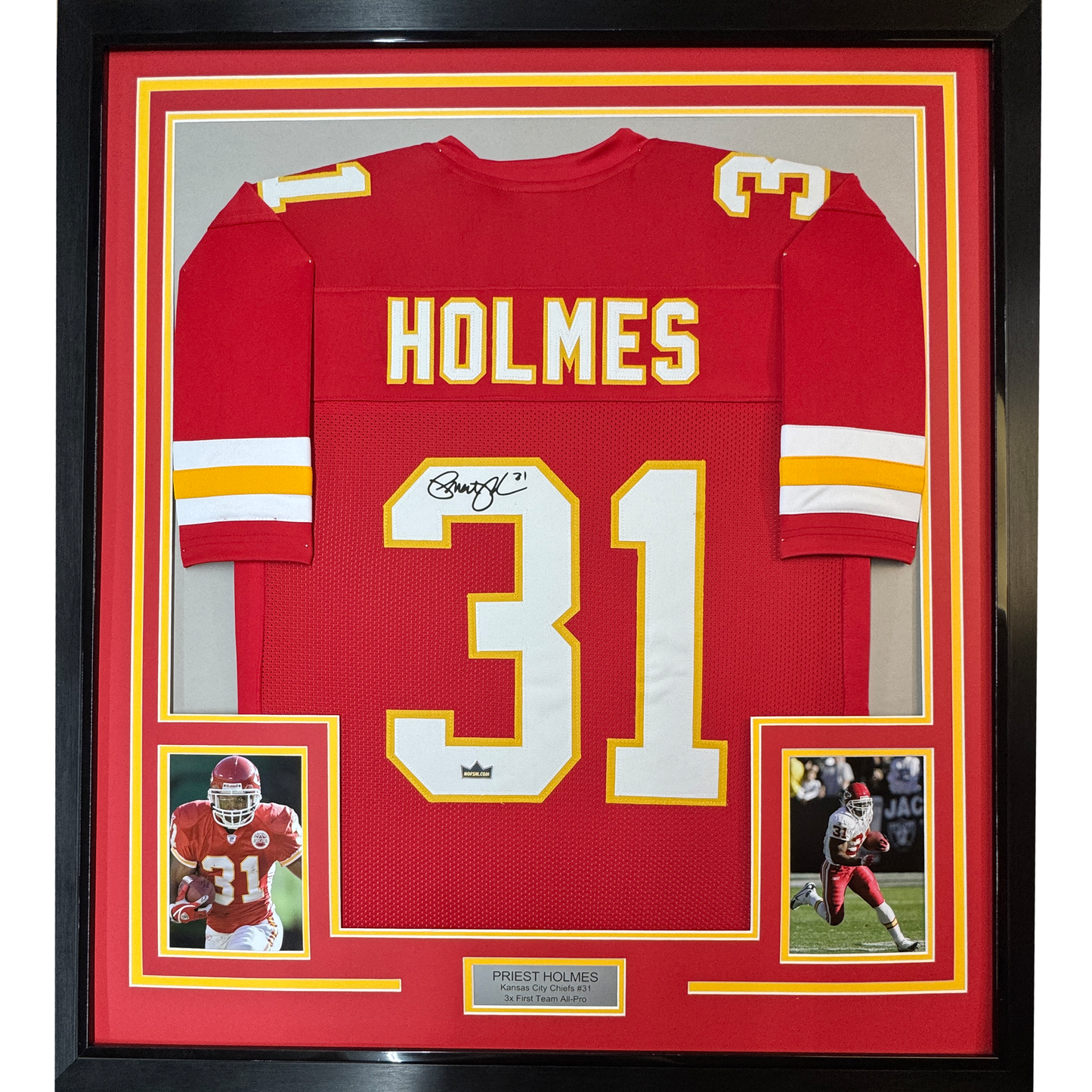 Framed Facsimile Autographed Priest Holmes 35x39 Kansas City Red Reprint Laser Auto Football Jersey
