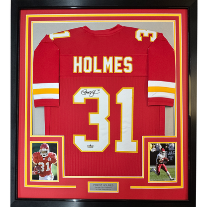 Framed Facsimile Autographed Priest Holmes 35x39 Kansas City Red Reprint Laser Auto Football Jersey
