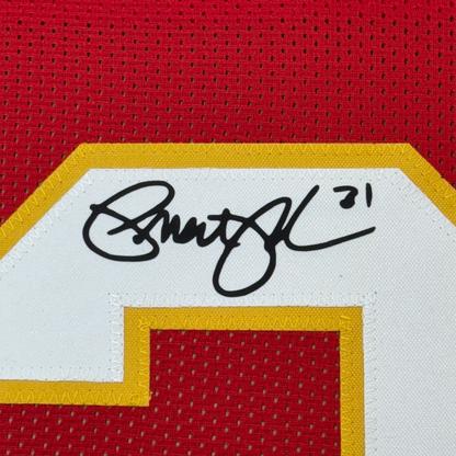 Framed Facsimile Autographed Priest Holmes 35x39 Kansas City Red Reprint Laser Auto Football Jersey