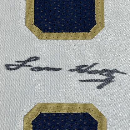 Framed Autographed/Signed Lou Holtz 35x39 Notre Dame Blue College Football Jersey JSA COA