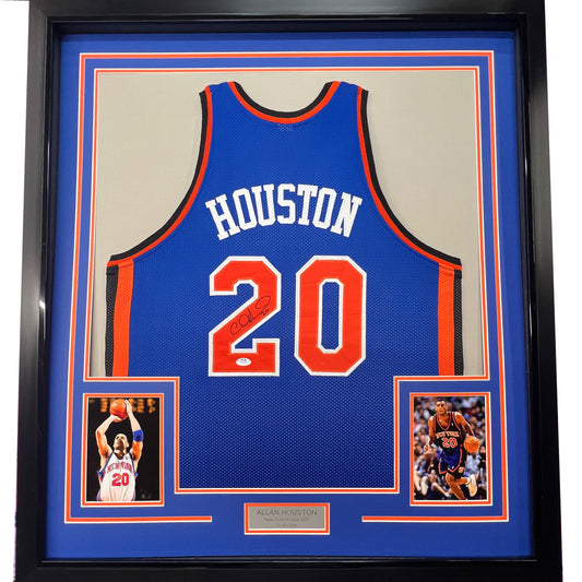 Framed Autographed/Signed Allan Houston 35x39 New York Blue Basketball Jersey PSA/DNA COA
