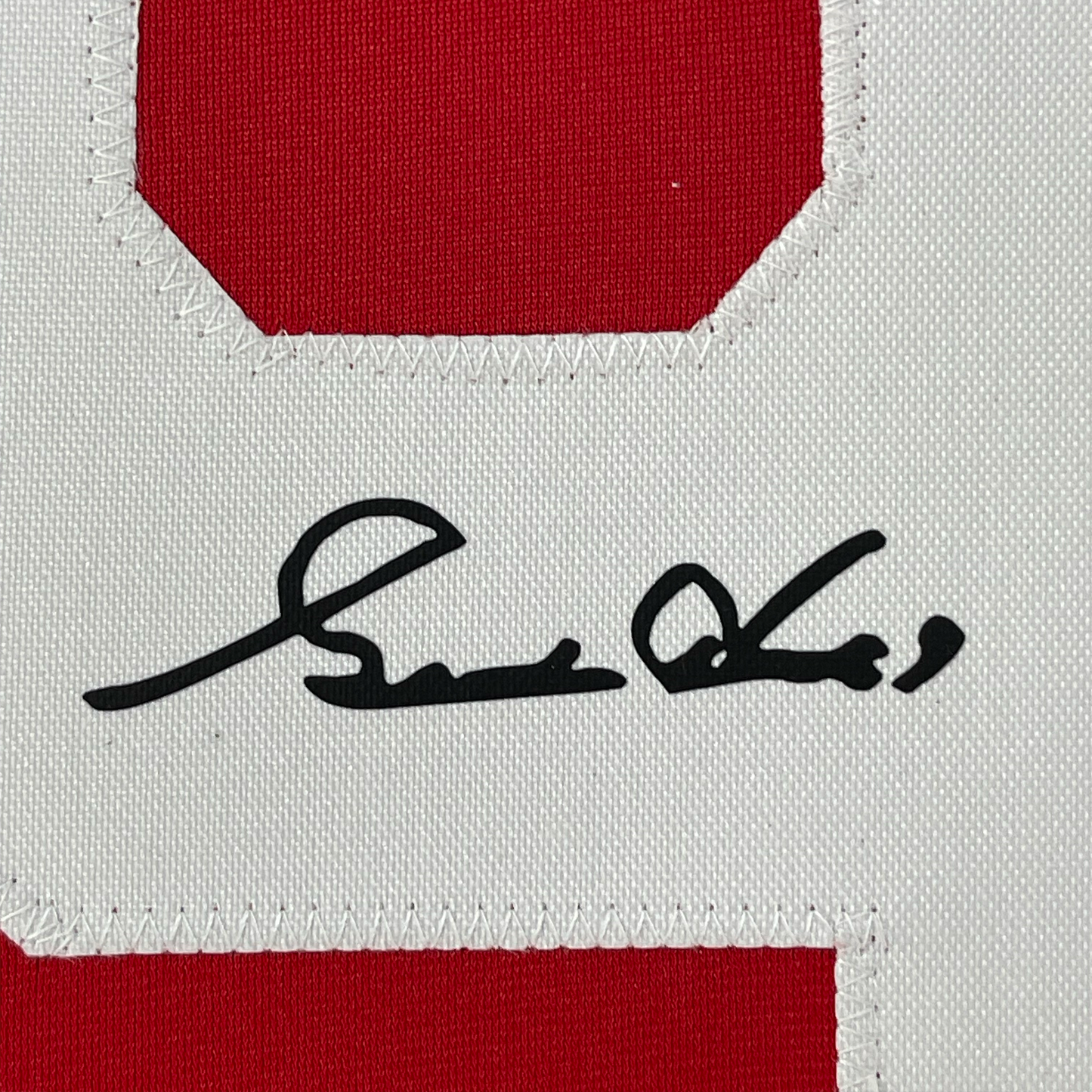 Framed Facsimile Autographed Gordie Howe 35x39 Detroit Red Reprint Laser Auto Hockey Jersey