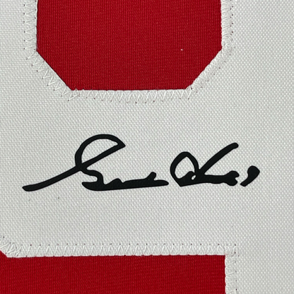 Framed Facsimile Autographed Gordie Howe 35x39 Detroit Red Reprint Laser Auto Hockey Jersey