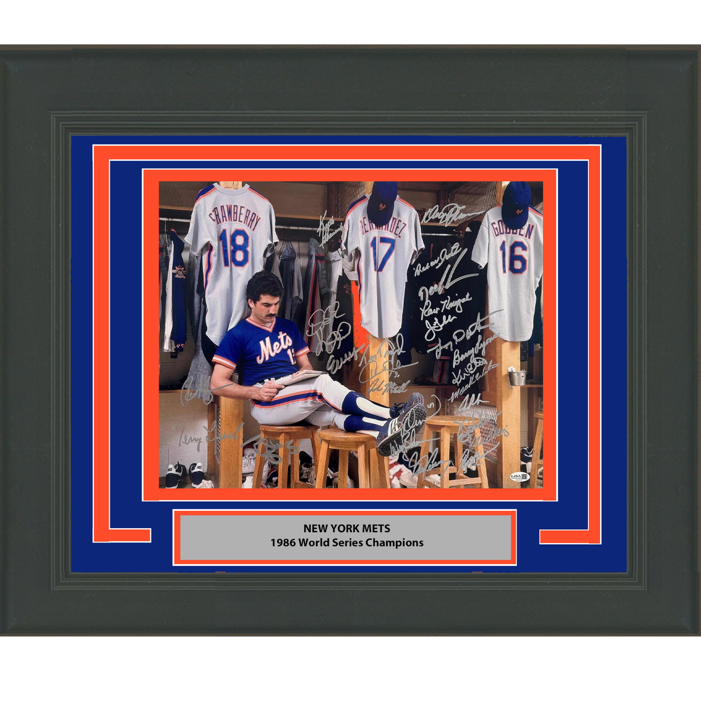Framed Autographed/Signed 1986 New York Mets Team 26x Sigs World Series Champions 16x20 Baseball Photo JSA COA