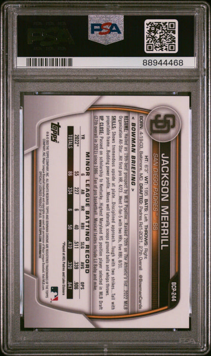 Graded 2023 Topps Bowman Chrome S/E Jackson Merrill #244 Prospects Orange #/75 Rookie RC Baseball Card PSA 10 Gem Mint