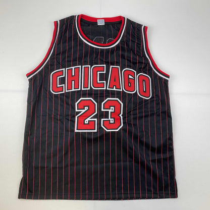 Facsimile Autographed Michael Jordan Chicago Black Pinstripe Reprint Laser Auto Basketball Jersey Size Men's XL