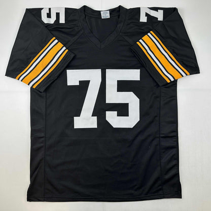 Facsimile Autographed Mean Joe Greene Pittsburgh Black Reprint Laser Auto Football Jersey Size Men's XL