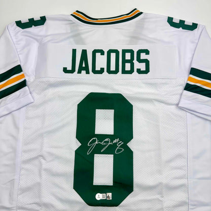 Autographed/Signed Josh Jacobs Green Bay White Football Jersey Beckett BAS COA
