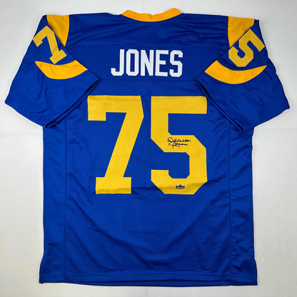 Facsimile Autographed Deacon Jones Los Angeles LA Royal Blue Retro Reprint Laser Auto Football Jersey Size Men's XL
