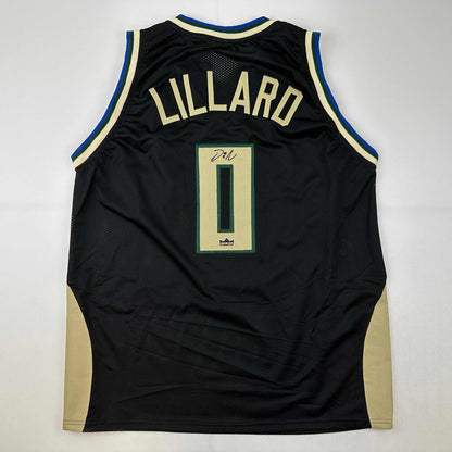 Facsimile Autographed Damian Lillard Milwaukee Black Reprint Laser Auto Basketball Jersey Size Men's XL
