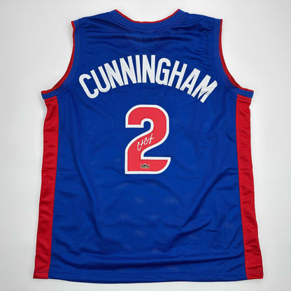 Facsimile Autographed Cade Cunningham Detroit Blue Reprint Laser Auto Basketball Jersey Size Men's XL