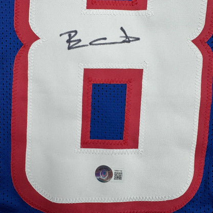 Autographed/Signed Ben Coates New England Blue Football Jersey Beckett BAS COA