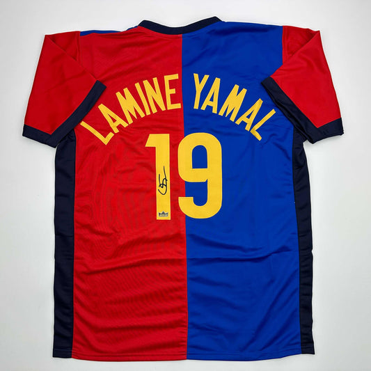 Facsimile Autographed Lamine Yamal #19 FC Barcelona Blue/Red Reprint Laser Auto Soccer Jersey Size Men's XL