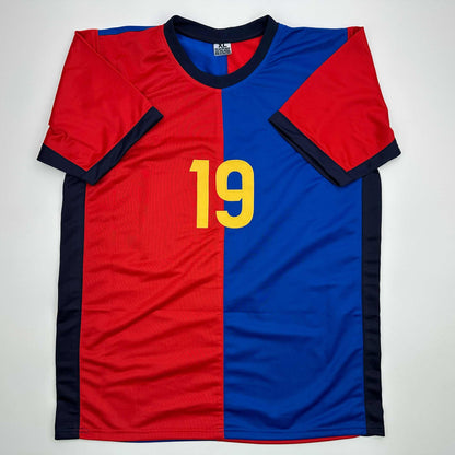 Facsimile Autographed Lamine Yamal #19 FC Barcelona Blue/Red Reprint Laser Auto Soccer Jersey Size Men's XL
