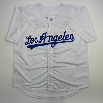 Facsimile Autographed Roki Sasaki Los Angeles LA White Reprint Laser Auto Baseball Jersey Size Men's XL