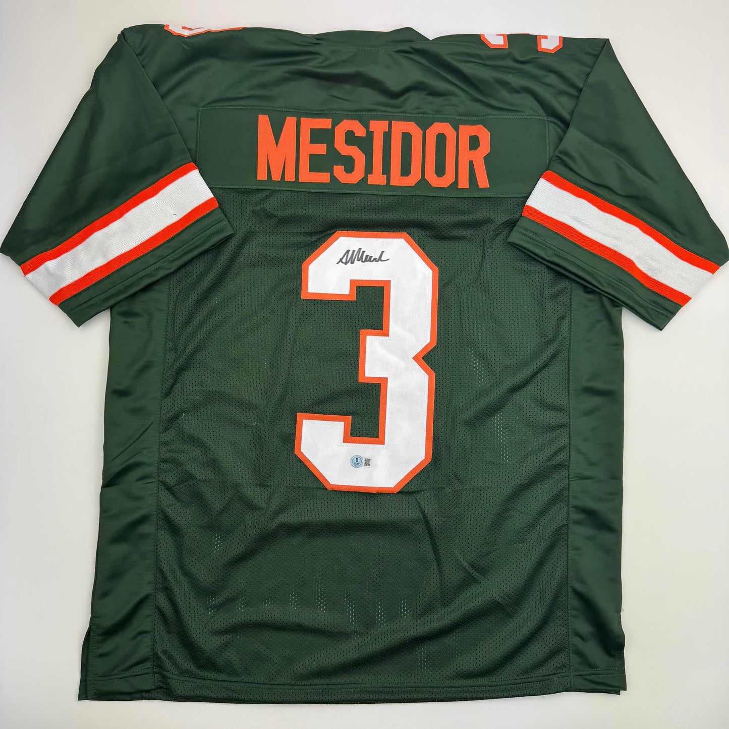 Autographed/Signed Akheem Mesidor Miami Green College Football Jersey Beckett BAS COA