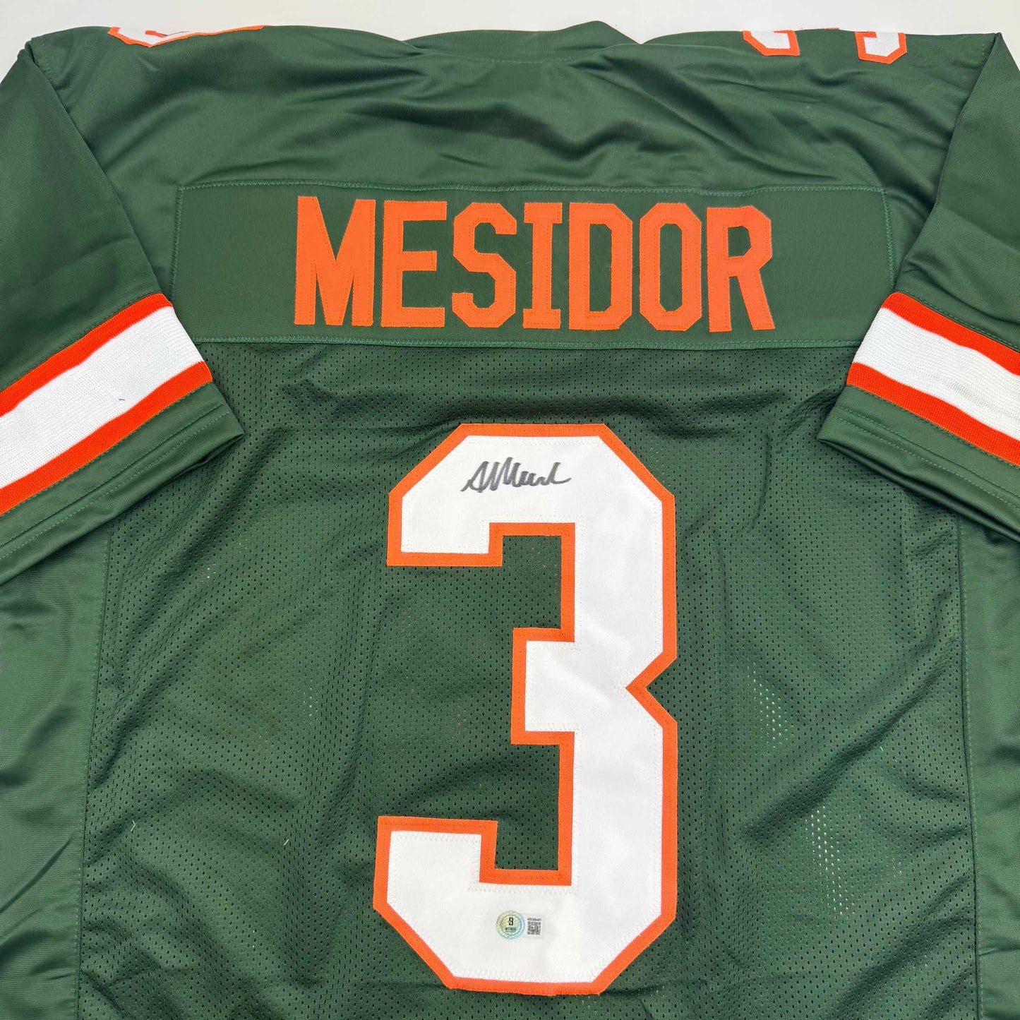 Autographed/Signed Akheem Mesidor Miami Green College Football Jersey Beckett BAS COA