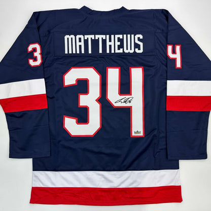 Facsimile Autographed Auston Matthews United States USA Blue 2025 4 Nations Face-Off Reprint Laser Auto Hockey Jersey Size Men's XL