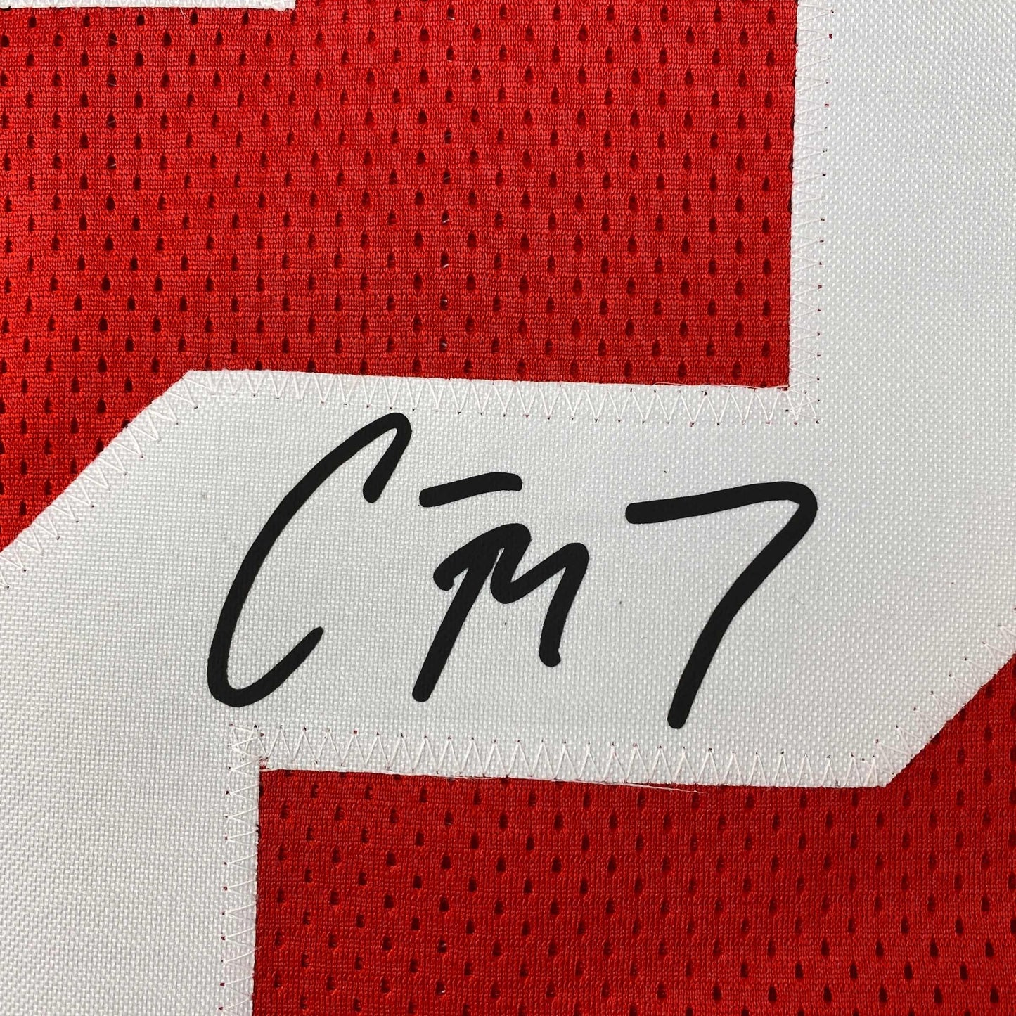 Facsimile Autographed Christian McCaffrey San Francisco Red Reprint Laser Auto Football Jersey Size Men's XL