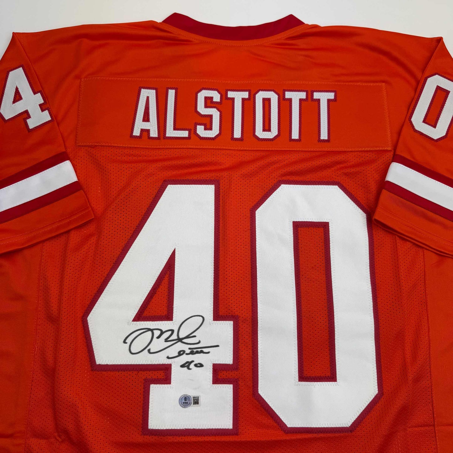 Autographed/Signed Mike Alstott Tampa Bay Orange Creamsicle Football Jersey Beckett BAS COA