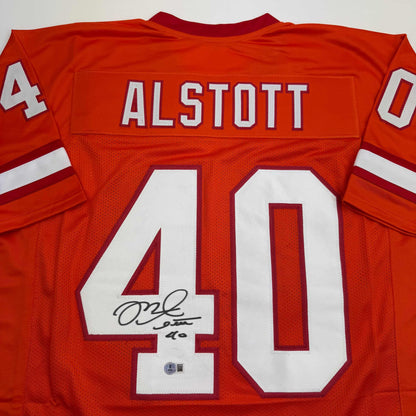 Autographed/Signed Mike Alstott Tampa Bay Orange Creamsicle Football Jersey Beckett BAS COA