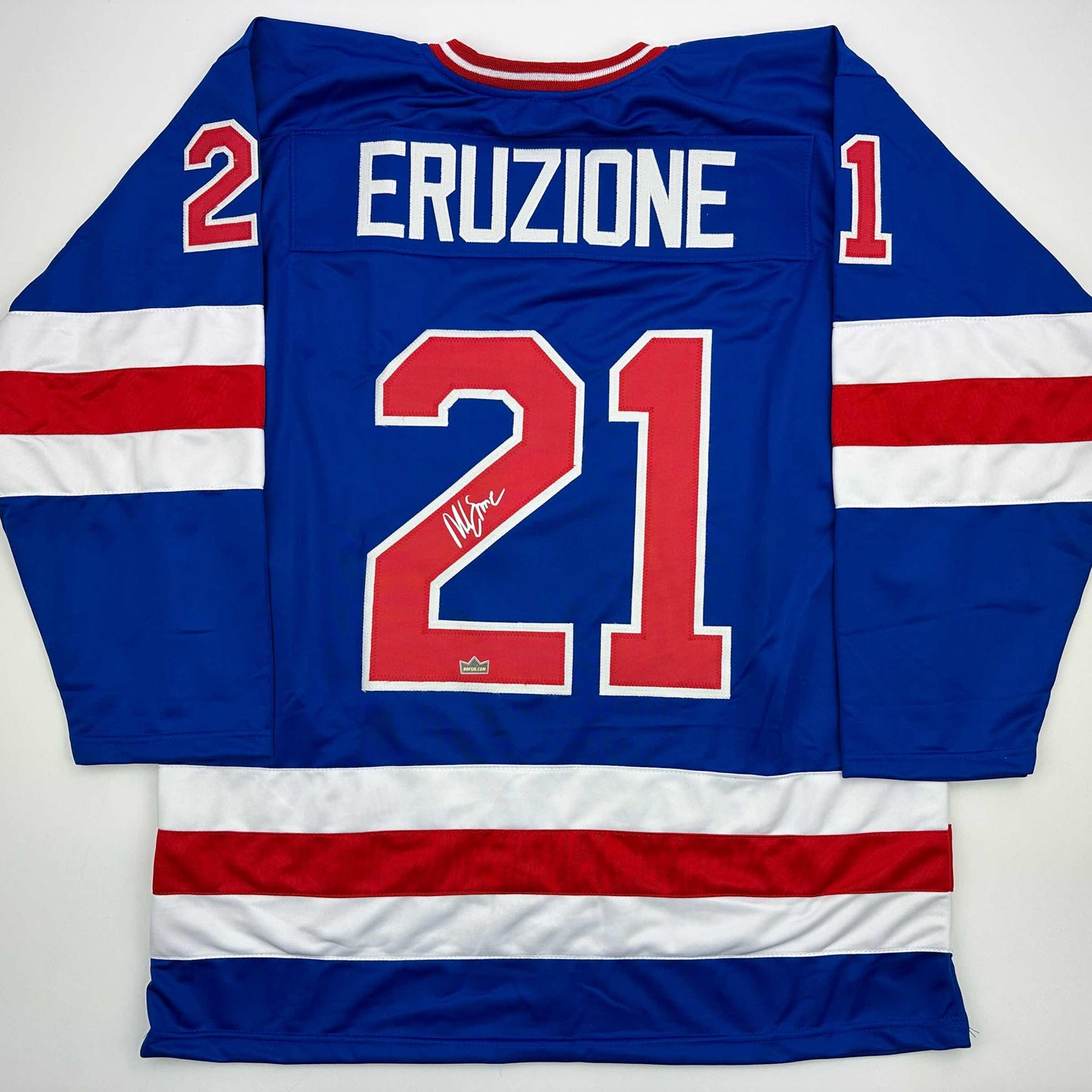 Facsimile Autographed Mike Eruzione United States USA Blue 1980 Miracle on Ice Reprint Laser Auto Hockey Jersey Size Men's XL